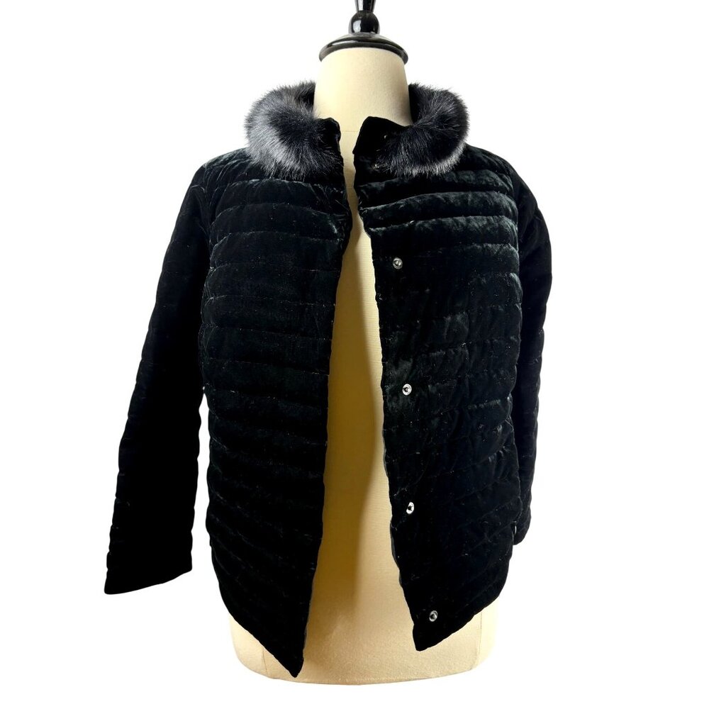 Talbot's Black Quilted Down Velvet Jacket With Faux Fur Collar Women's 16Petite
